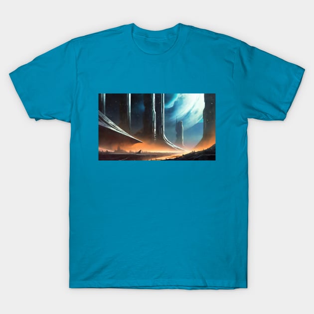 Futuristic illustration of city in space T-Shirt by KOTYA